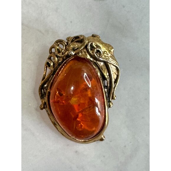 Vintage Goldplated Amber Brooch 2" Oval Shape With Intricate Design - Picture 2 of 4